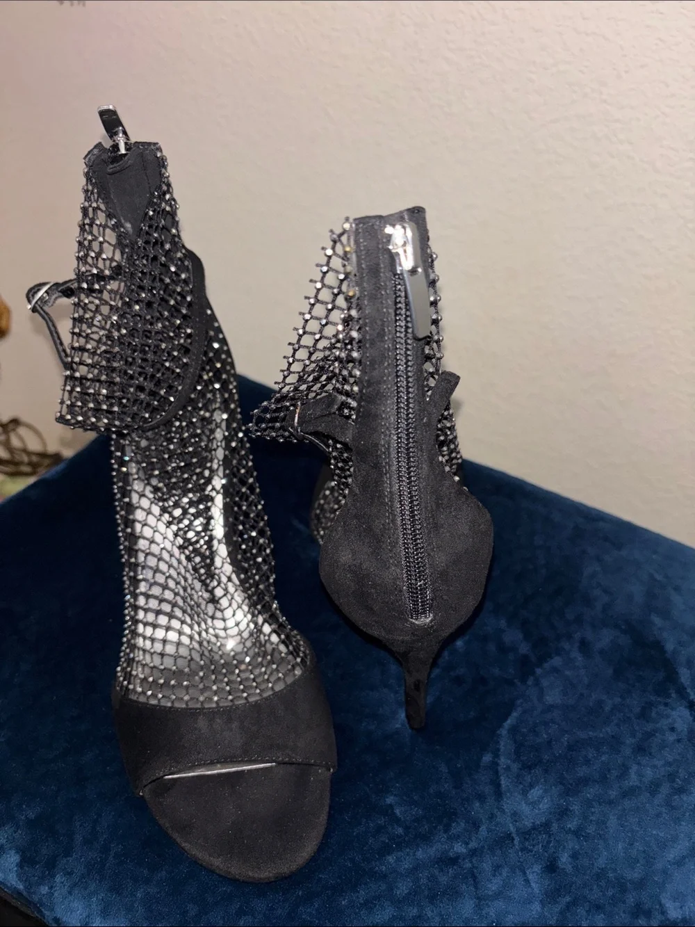 Nine West Black Mesh Rhinestone Ankle Strap Heels